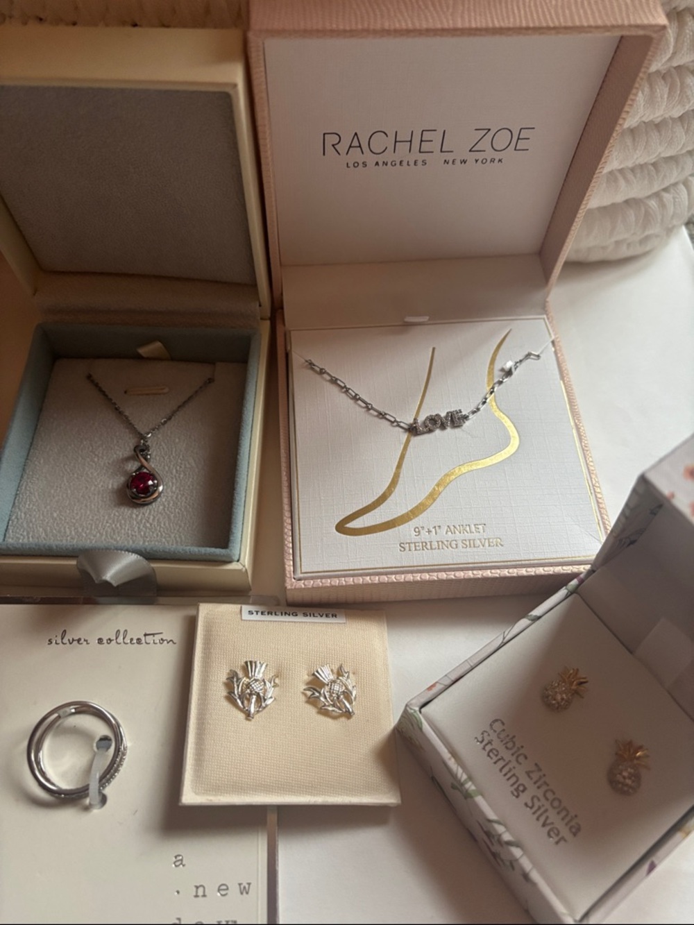 Sterling Silver Lot Jewelry Necklace Ankle Bracelet Ring Earrings New In Boxes